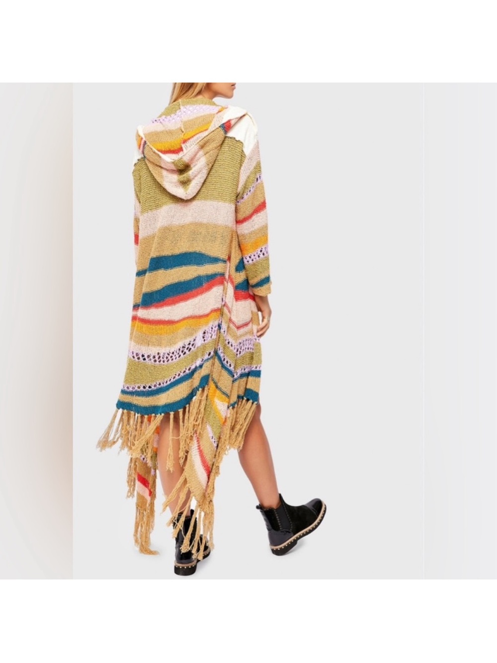 Free People Multicolor Striped Fringe Knit Open Cardigan sweater duster - Picture 3 of 8